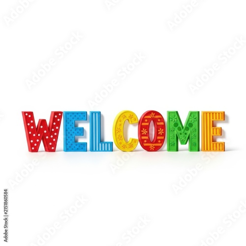 Colorful welcome sign with textured 3D letters, vibrant plastic alphabet spelling welcome, cheerful greeting concept on white background