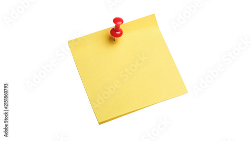 Square yellow paper sticky note pinned with red pushpin isolated on transparent background
