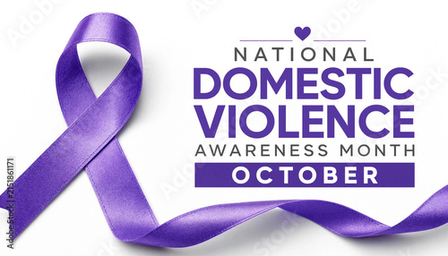Purple ribbon for domestic violence awareness month with text against a white background