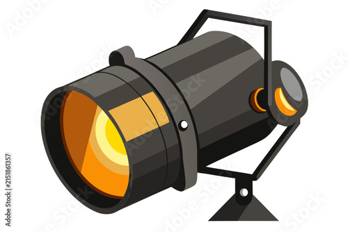 Professional studio spotlight vector illustration depicting bright yellow light emitting from a black metal stage equipment fixture for theatrical production