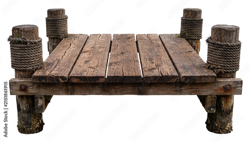 Fototapeta premium Old wooden pier platform with four timber posts wrapped in rope, weathered planks, support beams and metal fittings isolated on white background Png