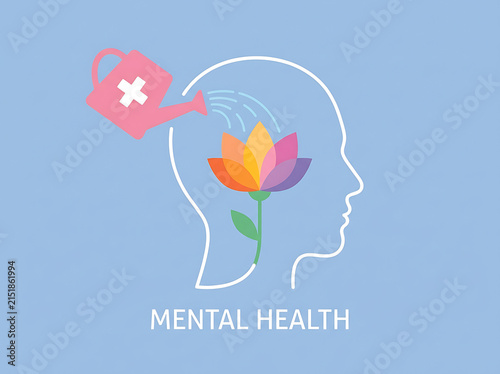 Head profile receiving water from can with cross nurturing colorful flower symbolizing mental wellbeing and growth