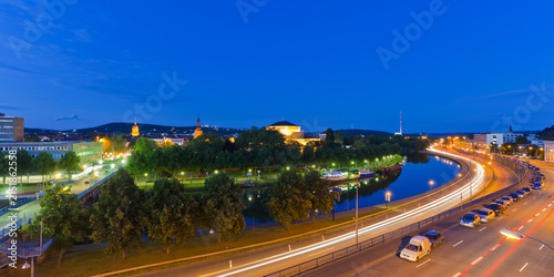 Germany, Saarland, View of express highway with Saar River and city