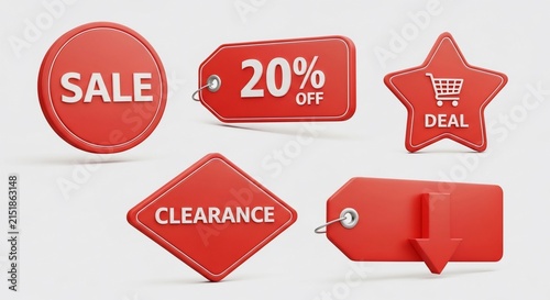 Vibrant Red Sale Tags: Discounts, Deals, and Clearance Offers Rendered with Realistic Texture & Depth