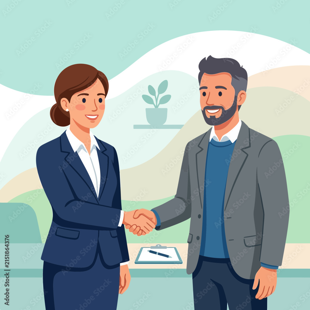 Fototapeta premium Business professionals, a man and a woman, shaking hands in agreement, flat illustration style
