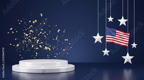 Empty product display podium with American flag and gold confetti