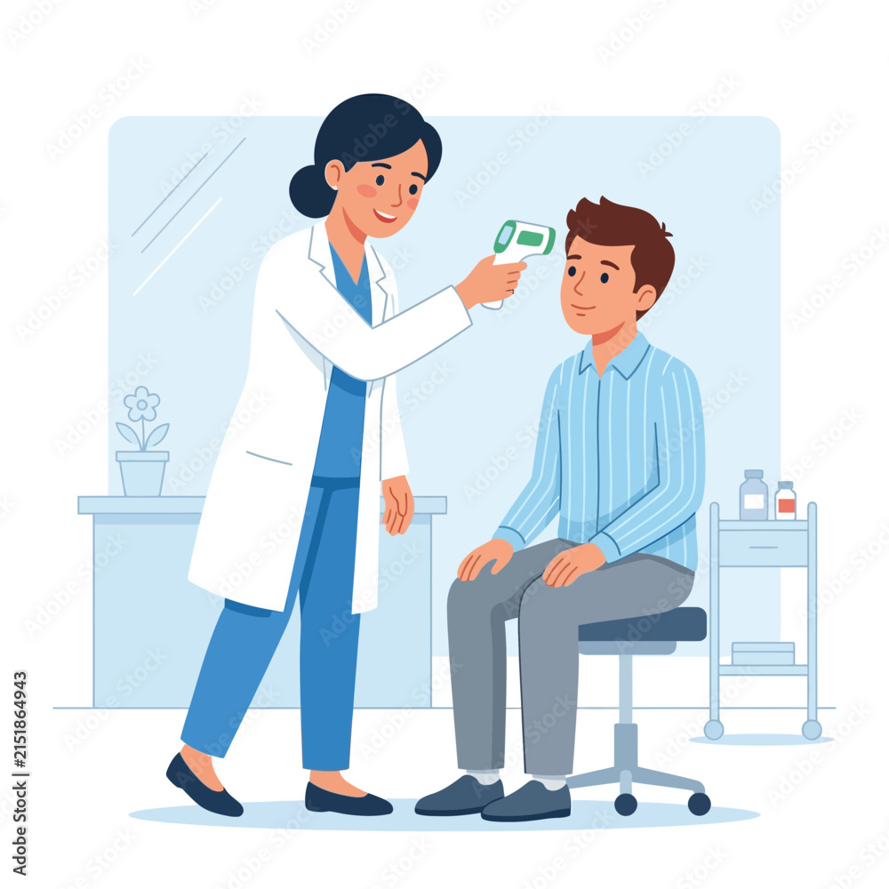 Fototapeta premium Doctor checking patient's temperature with infrared thermometer in clinic - Flat illustration style