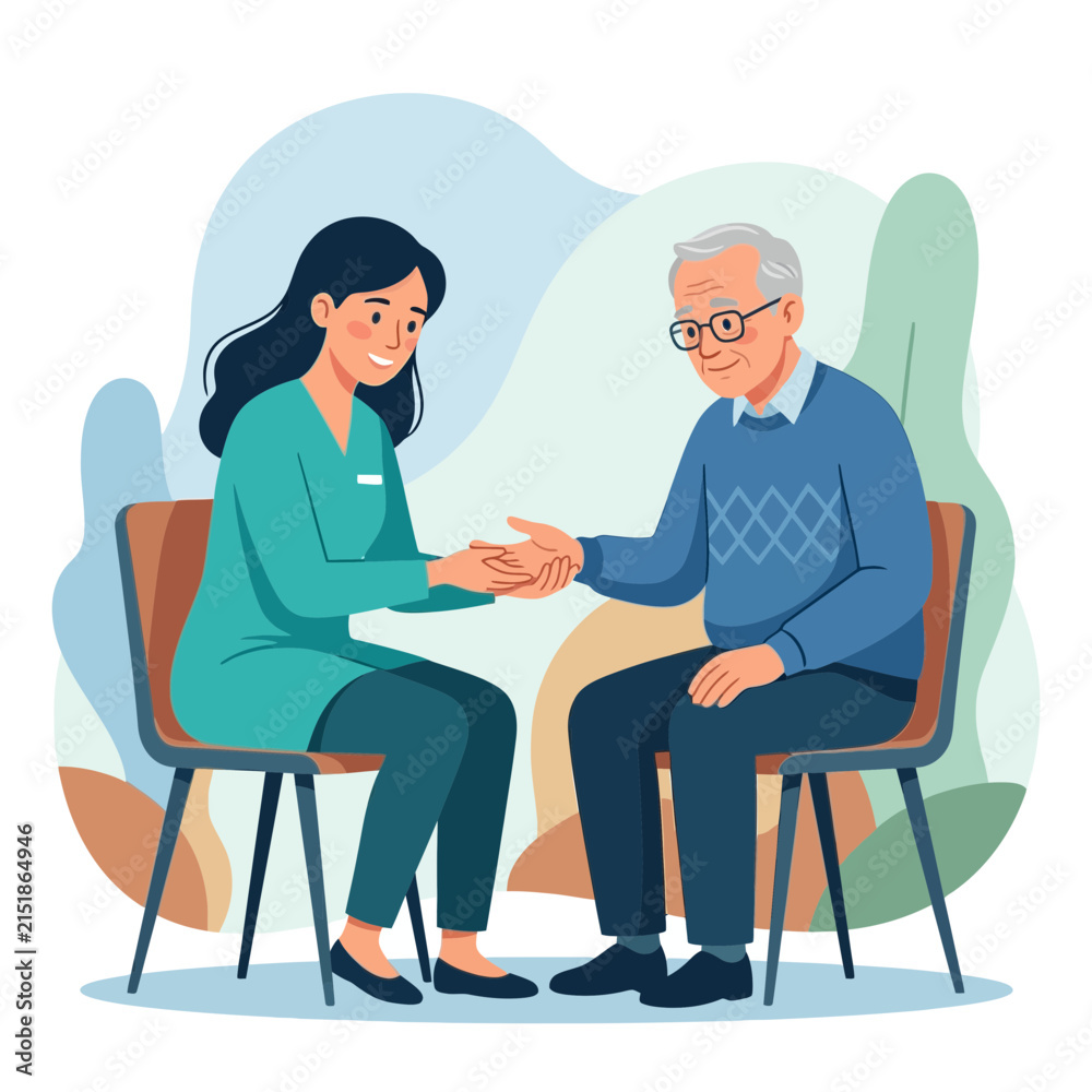 Fototapeta premium Caring Nurse Holding Hand of Elderly Man, Providing Comfort and Support - Flat Vector Illustration