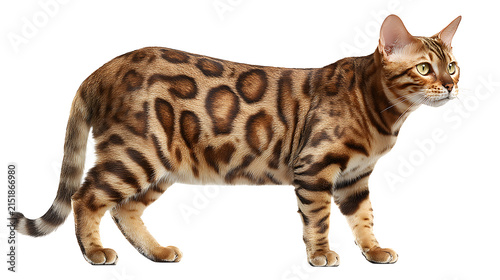 A bengal cat standing and looking to the side on a white background with domestic stripes profile animal mammal feline brown black spots with green