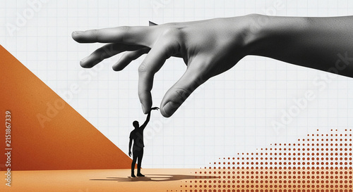 Giant hand plucking a silhouetted person, symbolizing control, destiny, and external influence, representing power dynamics and fate.