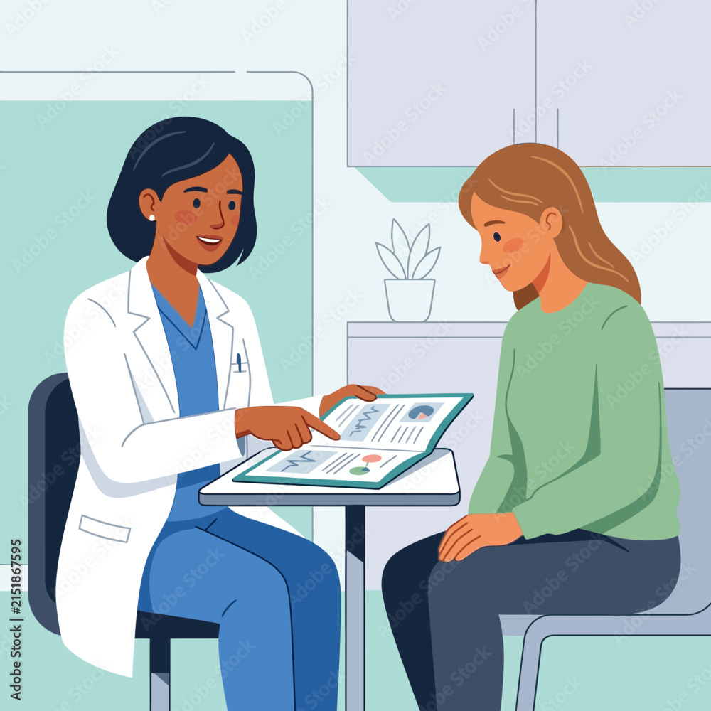 Fototapeta premium Doctor and Patient Discussing Medical Results in a Modern Clinic - Flat Vector Illustration