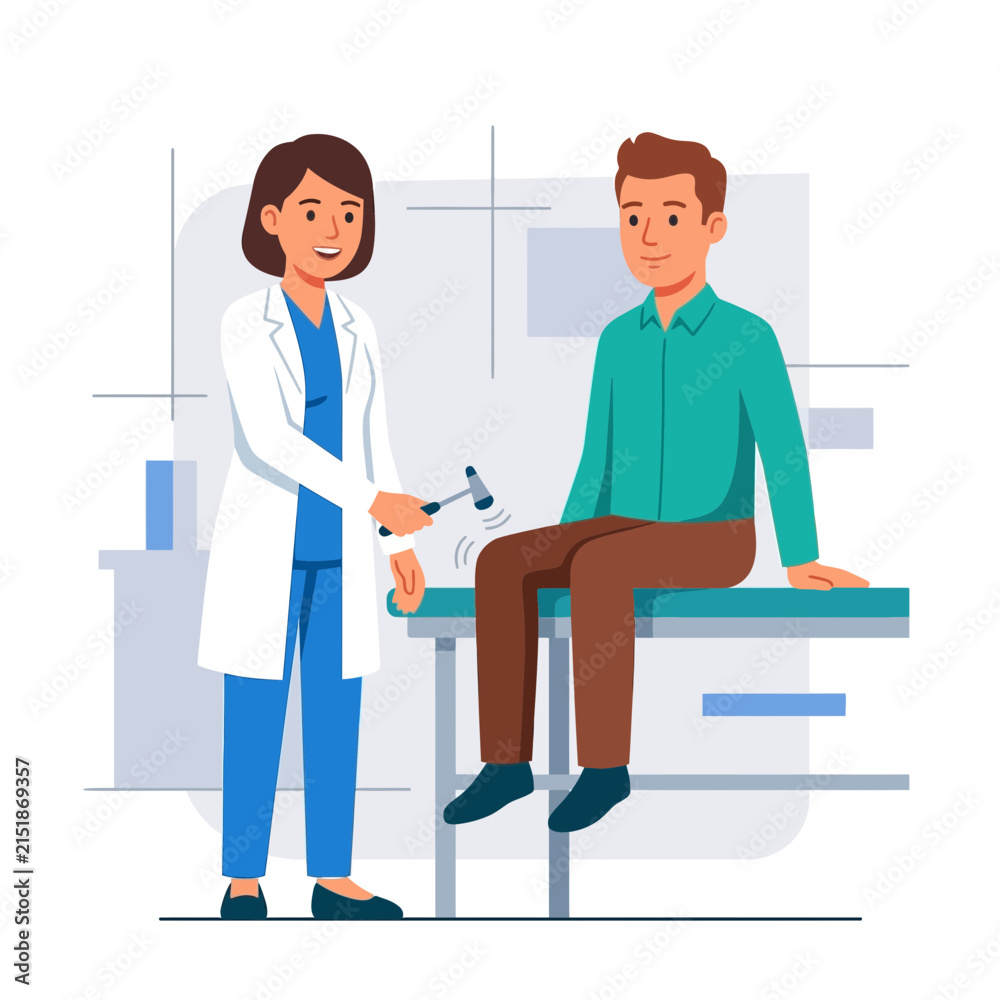 Obraz premium Doctor examining patient with reflex hammer, flat vector illustration concept for medical check-up and neurology.