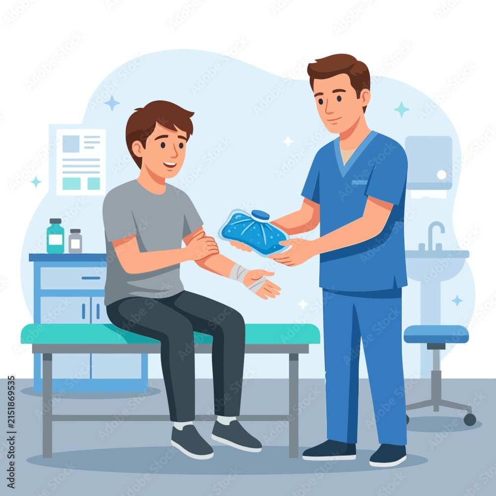 Obraz premium Doctor applying ice pack to patient's injured arm in clinic, flat design, medical concept.