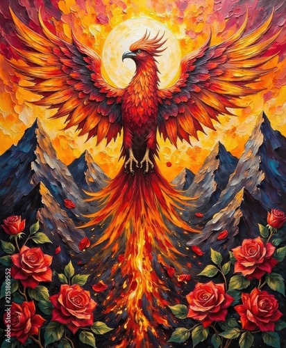 Majestic fiery phoenix soaring above mountain range with roses and full moon