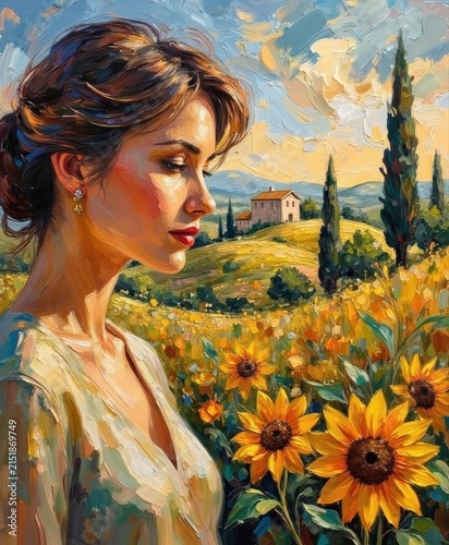 Portrait of a Woman in Sunflower Field with Tuscan Landscape and Sky