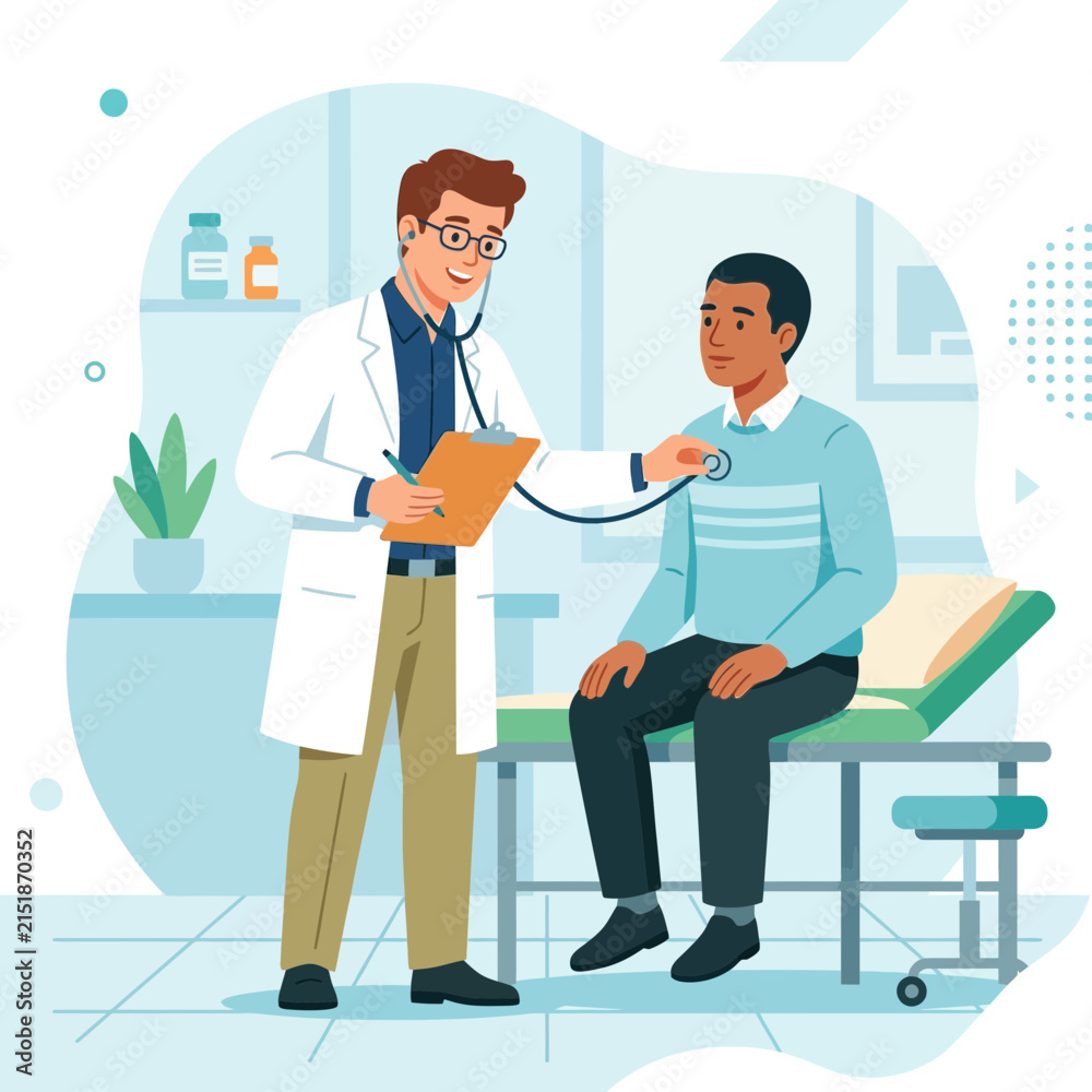 Fototapeta premium Doctor Examining Patient with Stethoscope in Modern Clinic Room - Flat Design Vector Illustration
