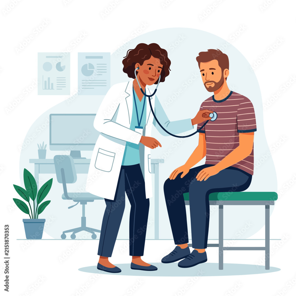 Obraz premium Doctor Examining Patient with Stethoscope in Modern Clinic Room - Flat Illustration