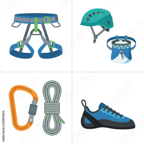 Climbing equipment including a harness, helmet, chalk bag, carabiner, rope, and shoe are shown as flat icons.