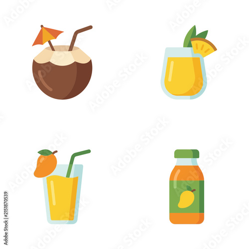 Mango juice and fruit beverages are presented as a collection of simple flat vector graphic icons.
