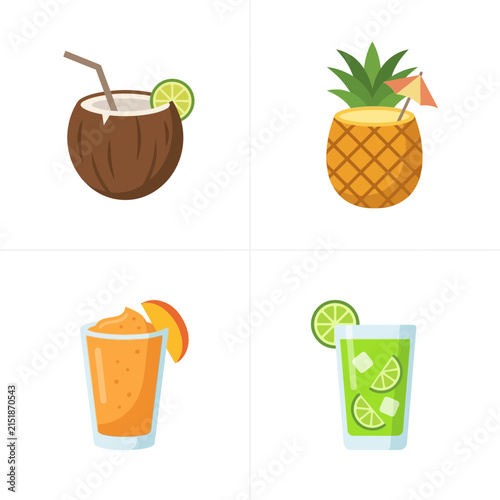 Tropical cocktails including coconut, pineapple, and citrus drinks are displayed as colorful flat vector icons.