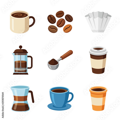 Coffee preparation accessories like mugs, beans, scoops, and brewing equipment are organized in a collection of flat icons.