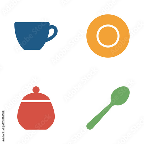 Kitchen icons representing a blue coffee cup, an orange plate, a red sugar container, and a green spoon are displayed on a white background.