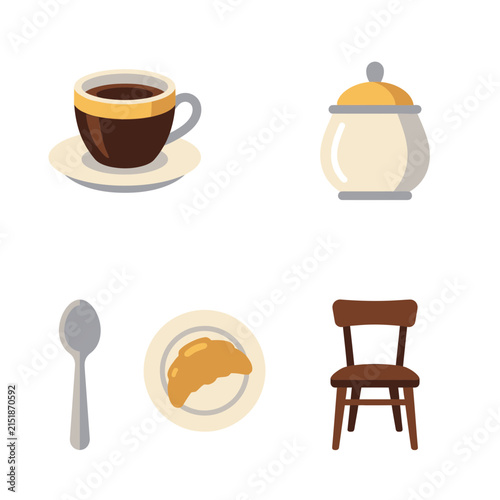 Breakfast items including a coffee cup, sugar bowl, spoon, croissant, and a wooden chair are arranged as a collection of icons.