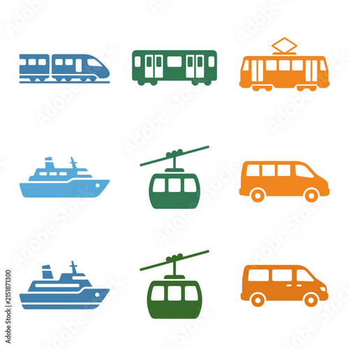 Transportation vehicles including a high speed train, a passenger ship, a cable car, and a van are shown as flat icons for travel and logistics concepts.