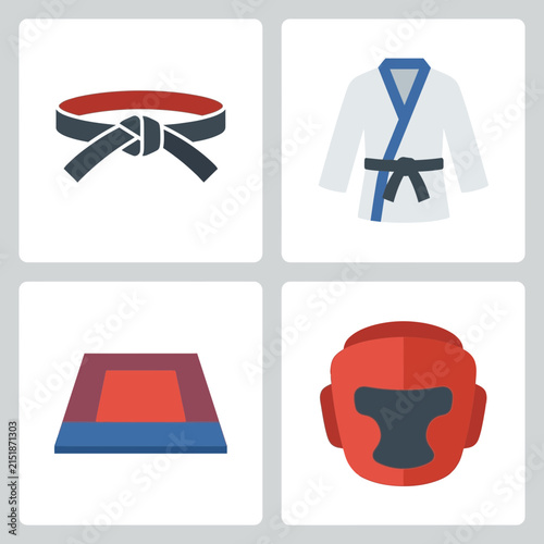 Martial arts equipment including a black belt, a white uniform, a red protective headgear, and a square mat are displayed as flat icons for sports training design.