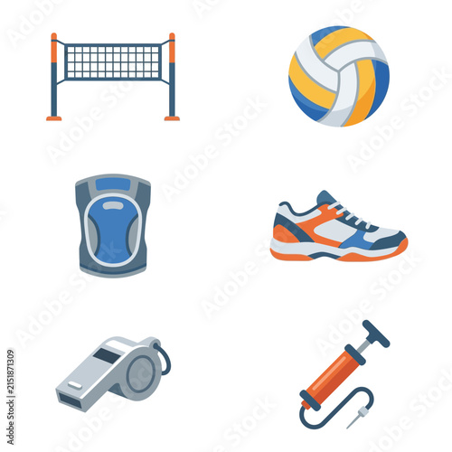 Sporting accessories include a volleyball net, a ball, a knee pad, a sneaker, a whistle, and an air pump.