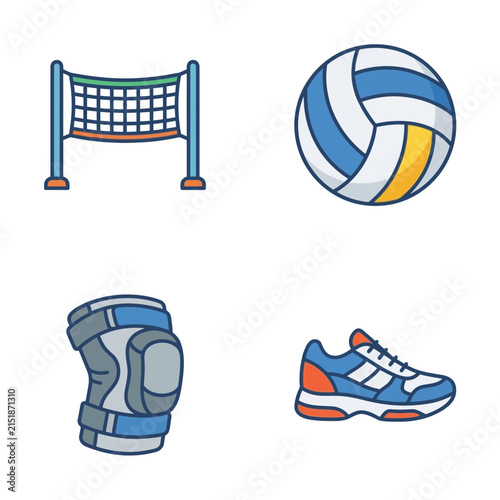 Volleyball equipment features a net, a ball, a knee pad, and a blue sneaker for athletic training.