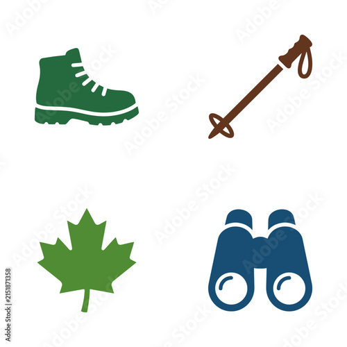 Hiking icons representing a sturdy boot, a trekking pole, a maple leaf, and binoculars highlight essential gear for outdoor exploration.