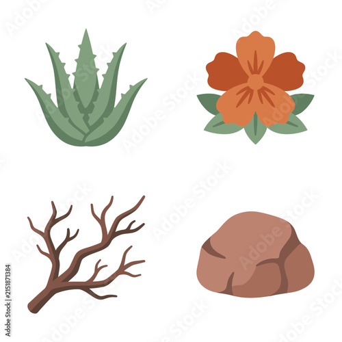 Nature elements consisting of an aloe vera plant, an orange flower, a dry branch, and a brown stone represent various aspects of the outdoor environment.