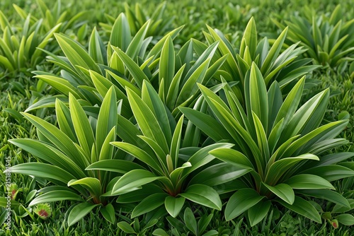 Clusters of healthy green broad leaf plants growing on dense fresh green lawn showing lush natural garden vegetation and beautiful botany landscape