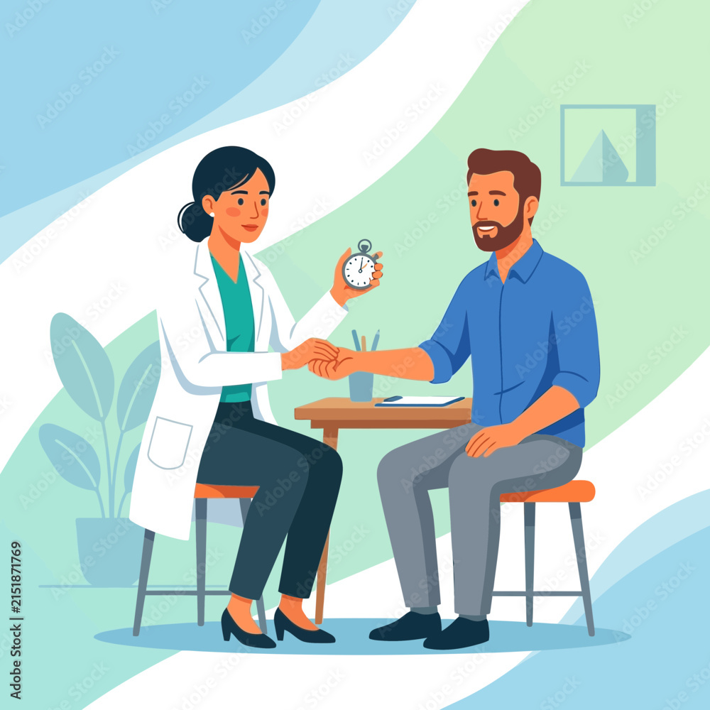Fototapeta premium Doctor examining patient's pulse with stopwatch, simple flat vector illustration, healthcare concept