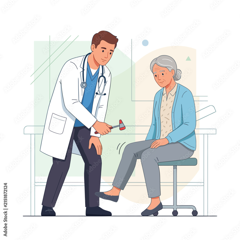 Fototapeta premium Doctor Examining Senior Patient's Reflexes with Hammer in Medical Clinic - Flat Vector Illustration