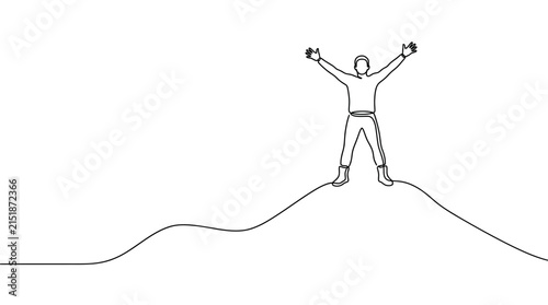 Continuous line drawing of person celebrating on mountain peak