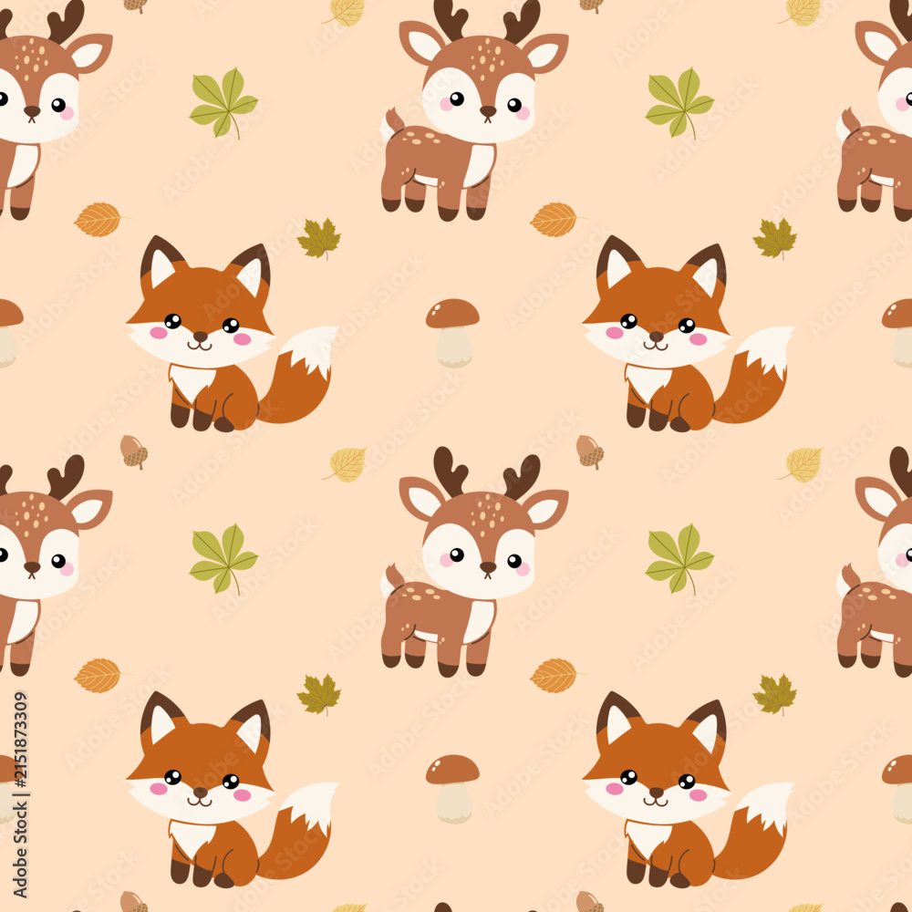 Naklejka premium Cute woodland animals seamless pattern. Autumn forest background with fox, deer, leaves and mushroom