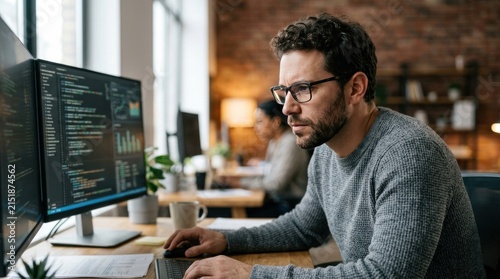 focused man with glasses leaning forward concentrating on screen work