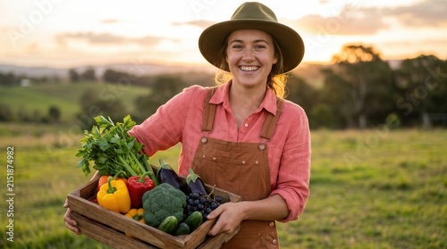 Smiling female farmer holding a wooden crate full of fresh organic vegetables in a field at sunset