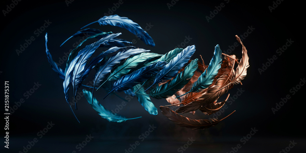 Obraz premium Swirling blue and bronze feathers in dynamic floating motion