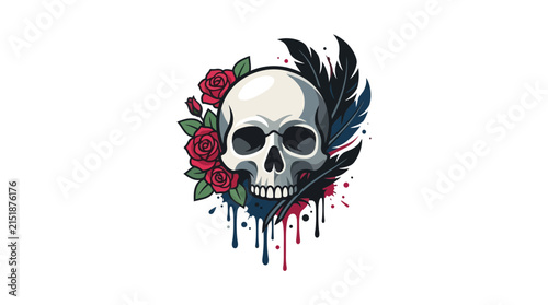 Dark skull with red roses and feathers dripping ink