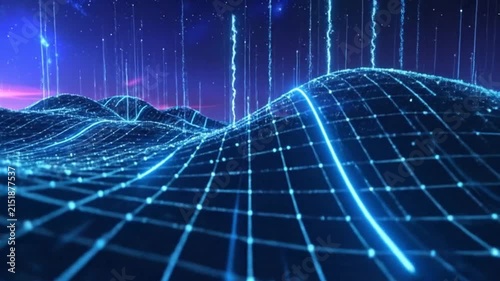 Abstract digital landscape with glowing blue lines and particles