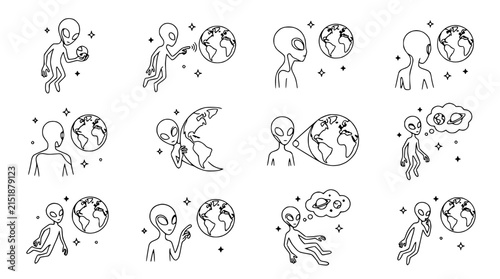 Принти на полотні Alien Contacting Earth Icons: Set of 12 Illustrations