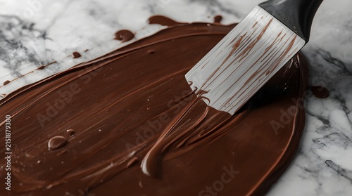 Cinematic close-up of rich dark chocolate being tempered on a white marble surface with a spatula