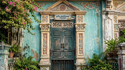 Ornate vintage door with intricate carvings and faded paint.