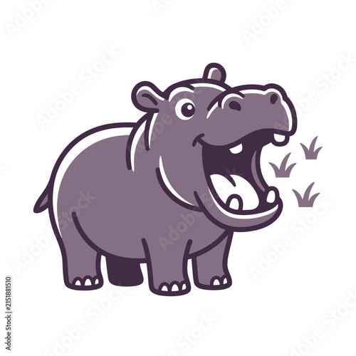 Cartoon hippopotamus with open mouth and small grass patches.