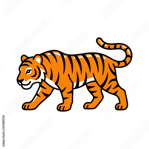 Cartoon illustration of a tiger walking with a friendly expression.
