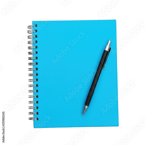 Bright blue spiral notebook with a black pen isolated on white background isolated on transparent background