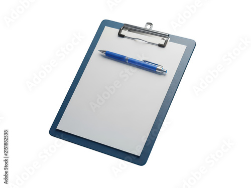 Blue clipboard with a blank paper sheet and a pen on top isolated on transparent background